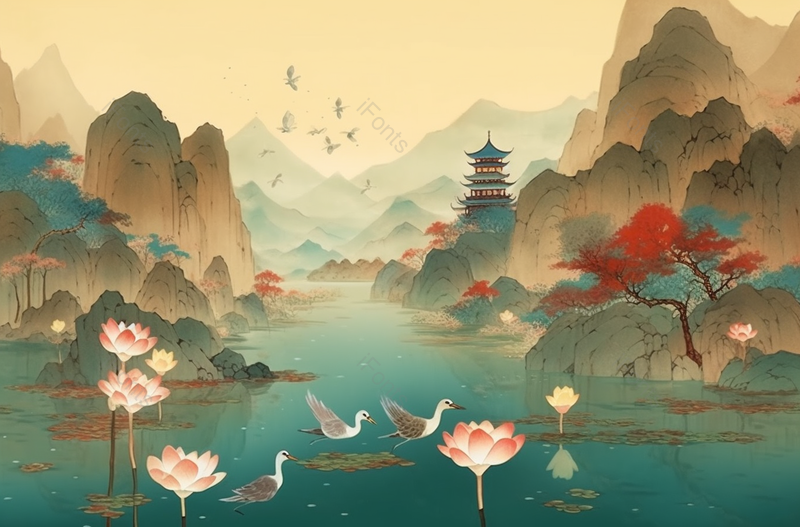 山光水色仙鹤在湖面风景照背景,插画/手绘图,插画/手绘图库,插画/手绘图下载,插画/手绘